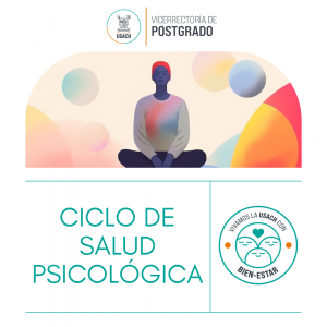 Sobre un fondo blanco se muestra una ilustración de una persona sentada en postura de meditación y bajo la ilustración aparece el título "Talleres de Salud Psicológica"